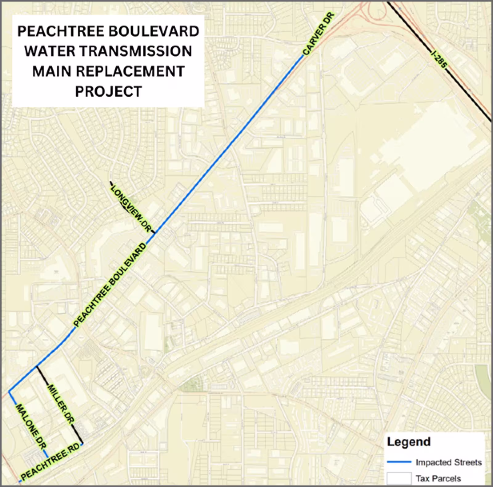 A DeKalb County map showing the Peachtree Boulevard water transmission main replacement project marked with a blue line with highlighted adjacent street names.