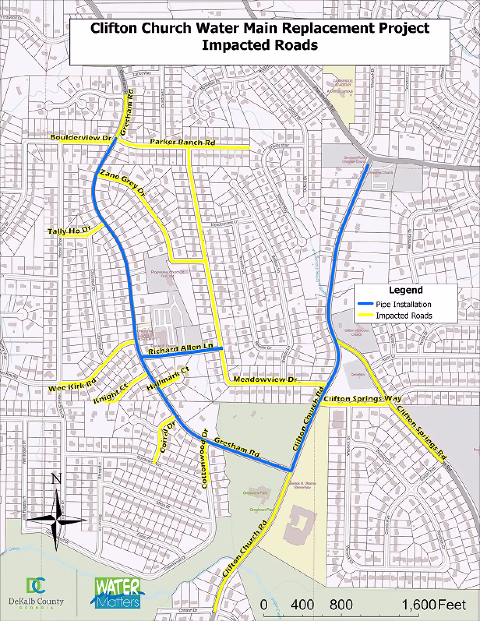 A DeKalb County map showing the Clifton Church water main replacement marks impacted roads with a yellow line and blue lines marking the pipe installation.