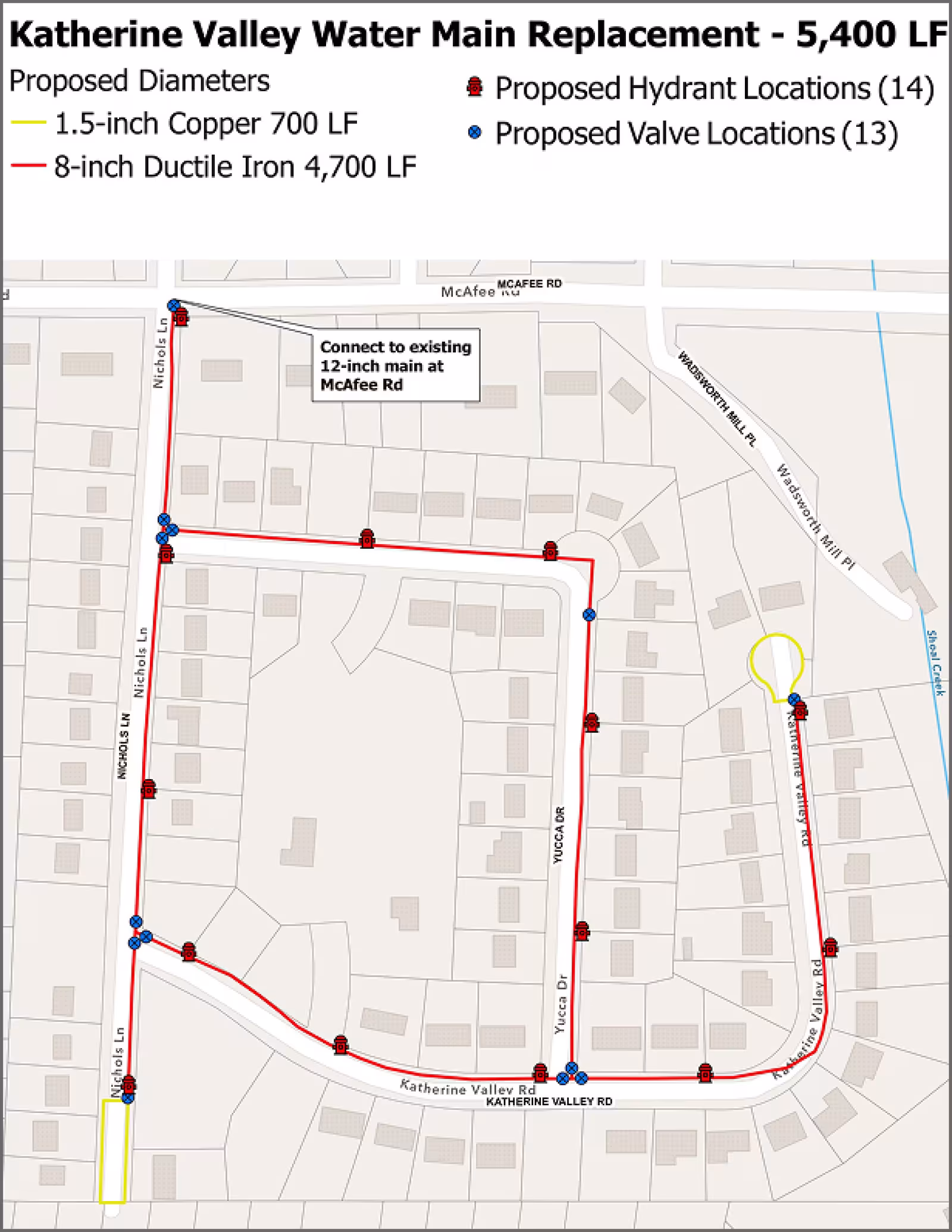 A DeKalb County map showing the Katherine Valley water main replacement marked with red and yellow lines with fire hydrants and valve locations marked with icons.