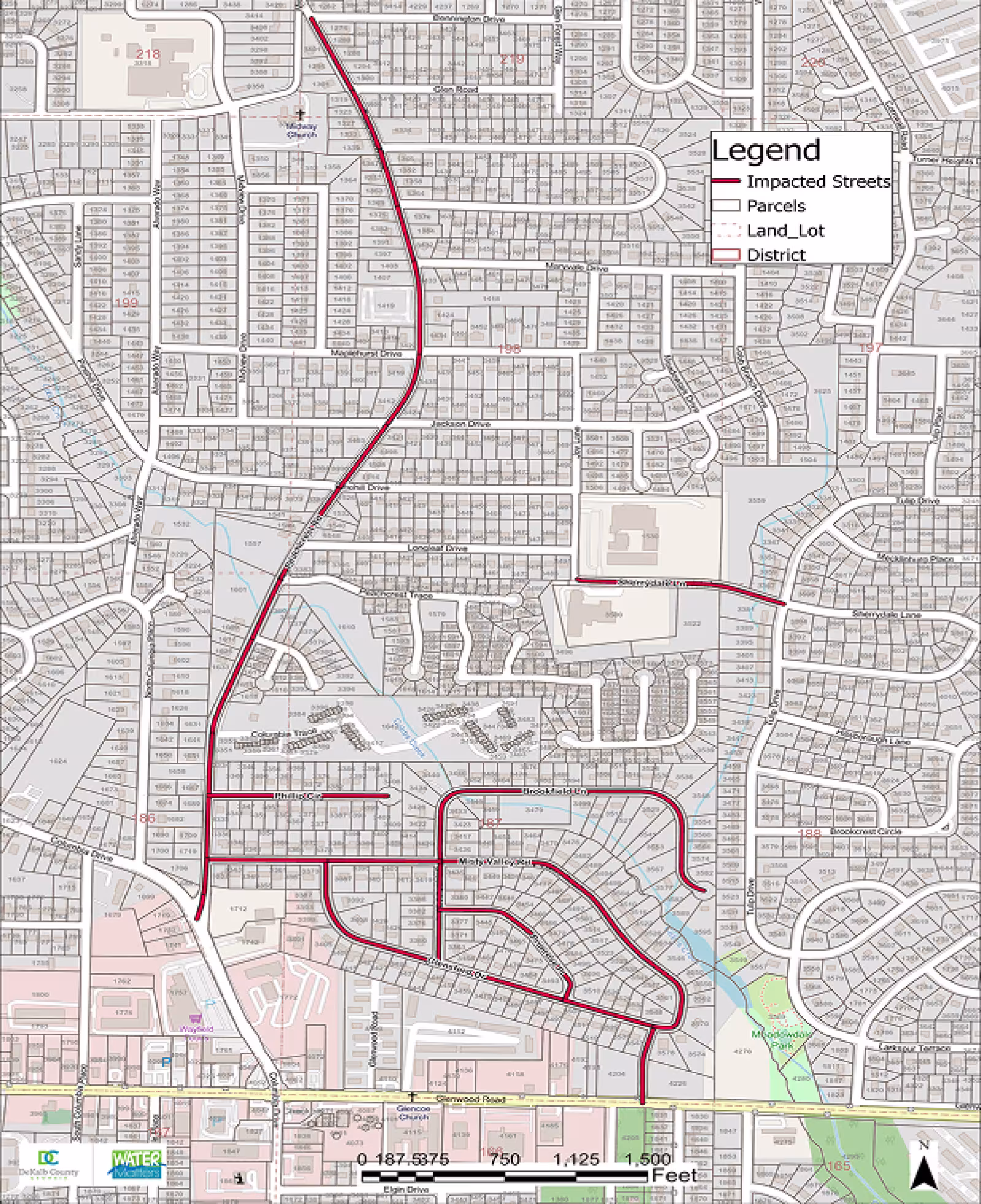A DeKalb County map showing the Miss Valley water main replacement project with impacted streets marked with a red line along with parcels marked with a clear box, land lots marked with a dotted box, and districts marked with a red box.