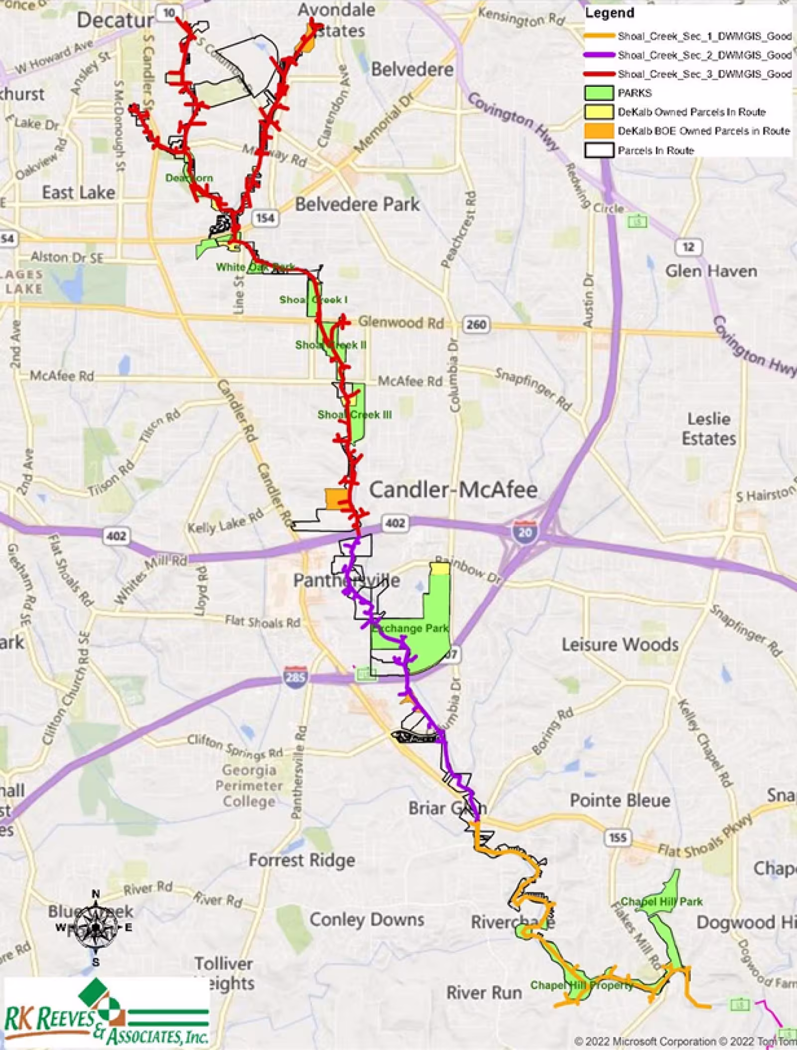 A DeKalb County map showing the Shoal Creek trunk sewer replacement project marked with orange, purple, and red lines with other areas marked in yellow, orange, white, and green.
