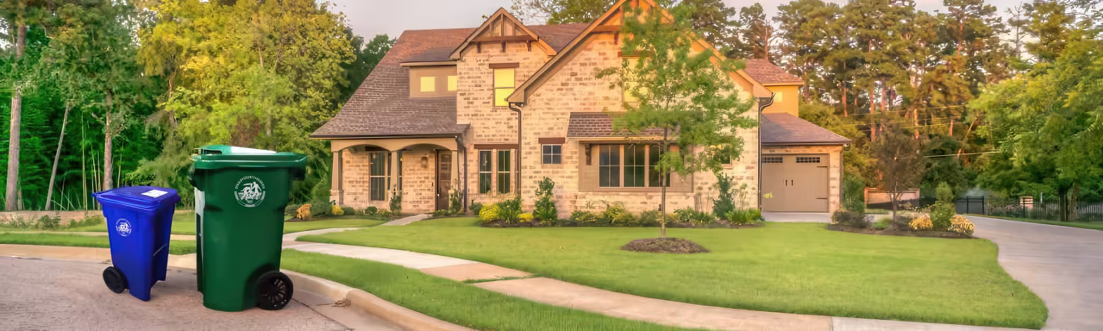Large brown brick house with a luscious green yard and trees in the back yard with a green and blue trash/recycling bins on the street.