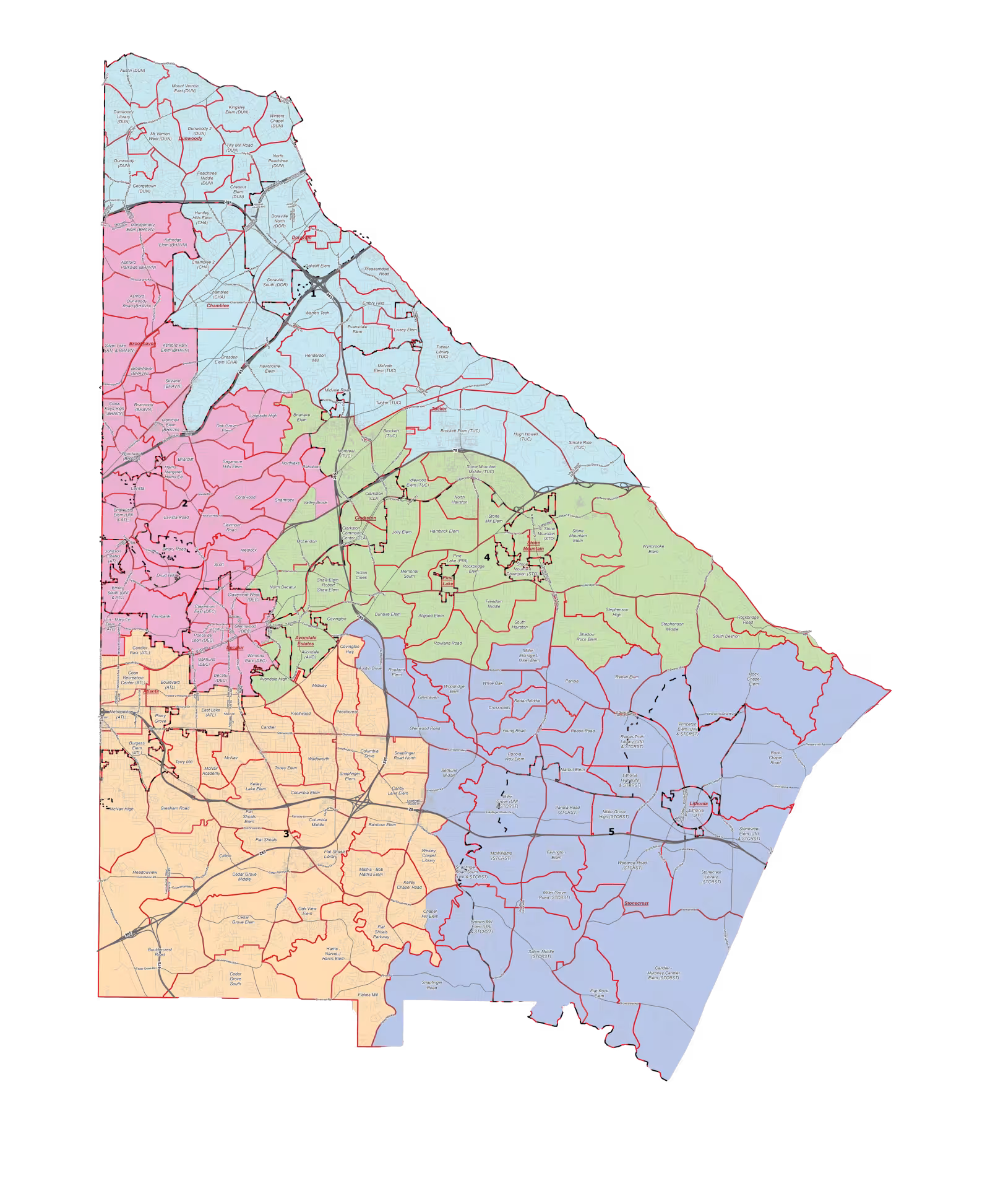Map of a county with colored regions divided by black lines, showing various districts. Colors include blue, pink, yellow, green, and orange on a black background.