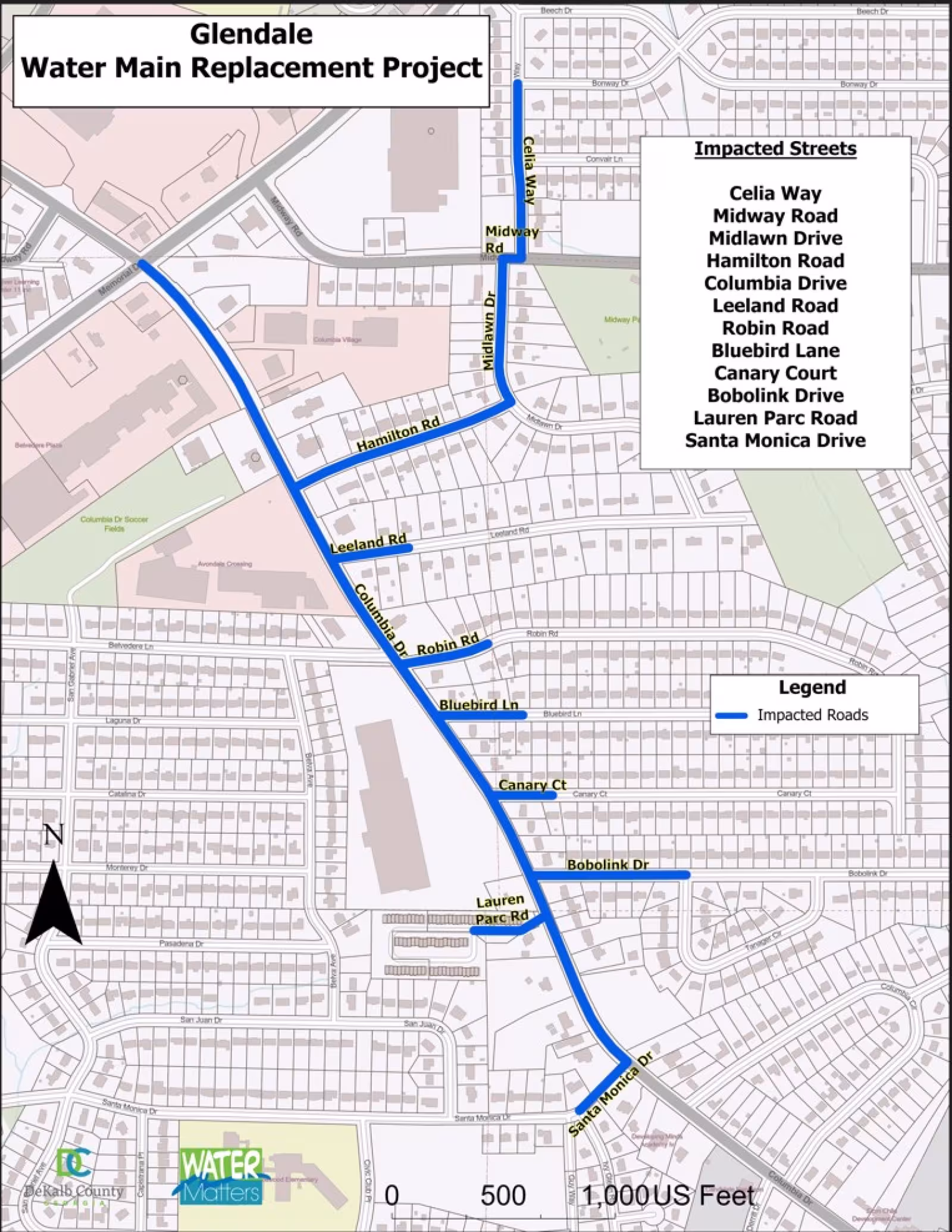 Map of the Glendale Water Main Replacement Project, highlighting impacted roads in blue. Includes streets like Midway Rd and Santa Monica Dr.