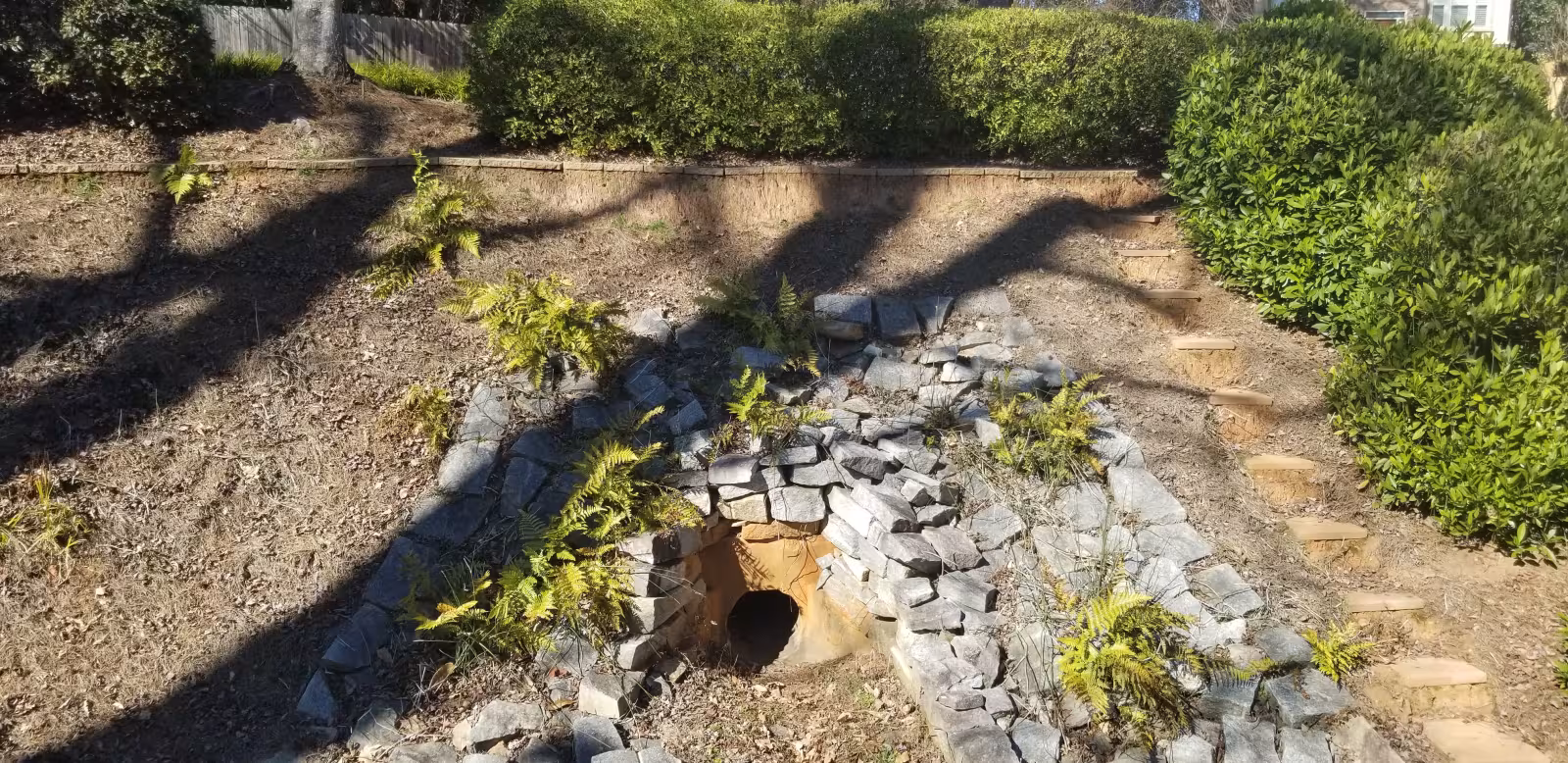 Stone-lined drainage culvert built into a sloped embankment, with a circular pipe opening and small ferns planted among the rocks.