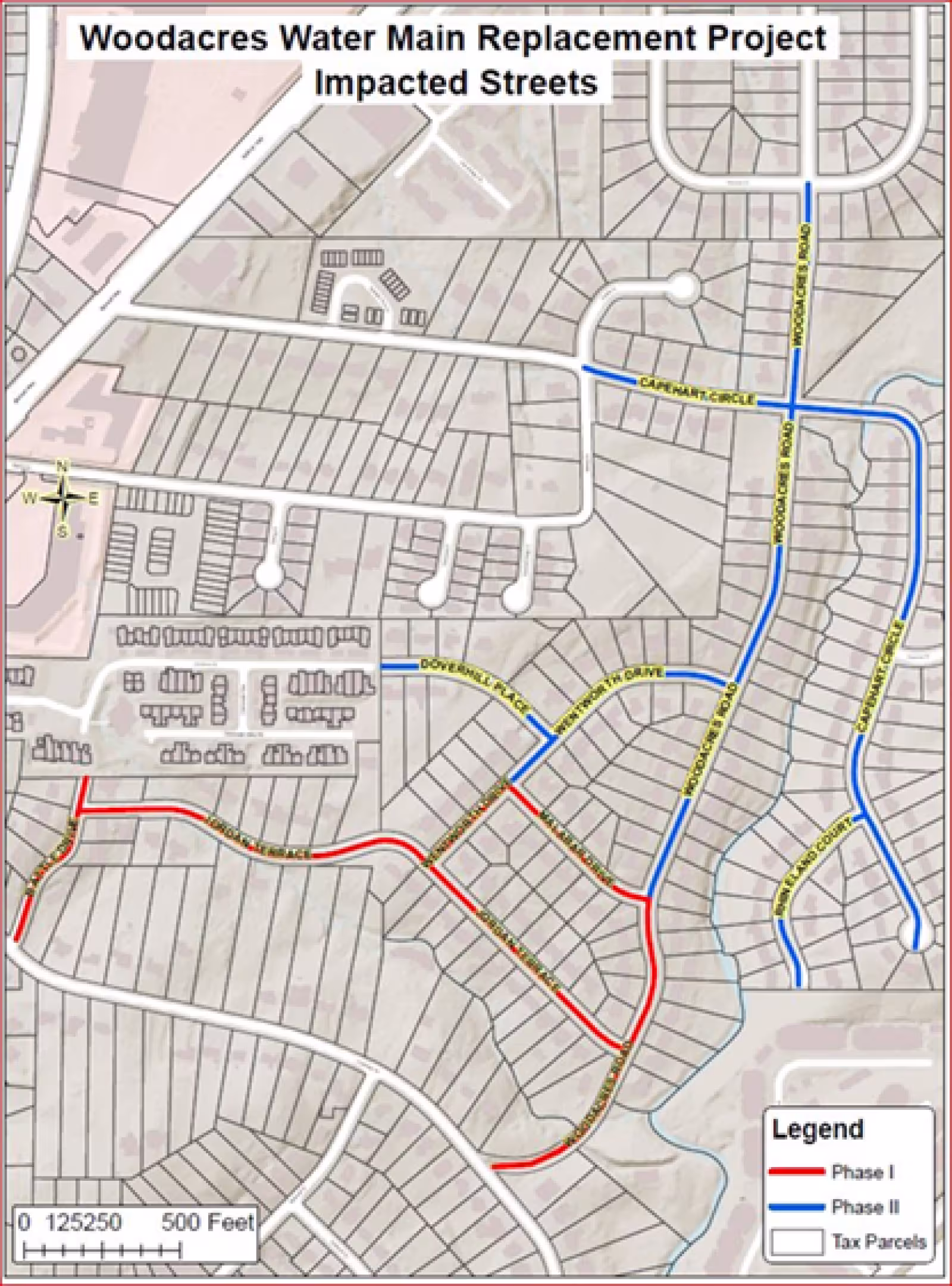Map of Woodacres Water Main Replacement Project, showing affected streets. Blue lines indicate Phase I, red lines Phase II, and brown lines tax parcels.