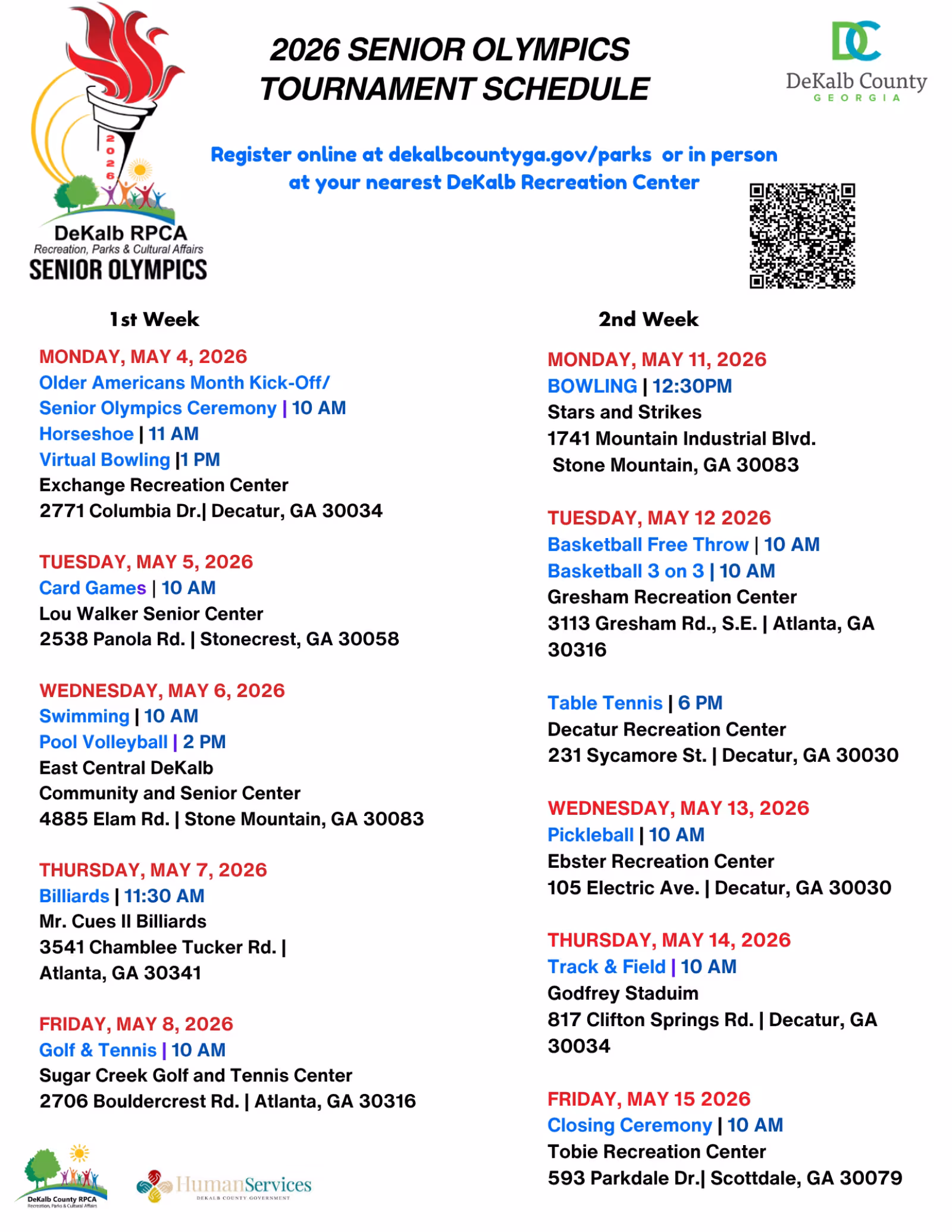 The flyer lists dates, times, and locations for multiple sports competitions for adults age 50 and older. Events include activities such as track and field, swimming, bowling, and basketball, organized across several days. Each event is presented with a specific start time and venue, along with registration details, a QR code, and closing ceremony information.