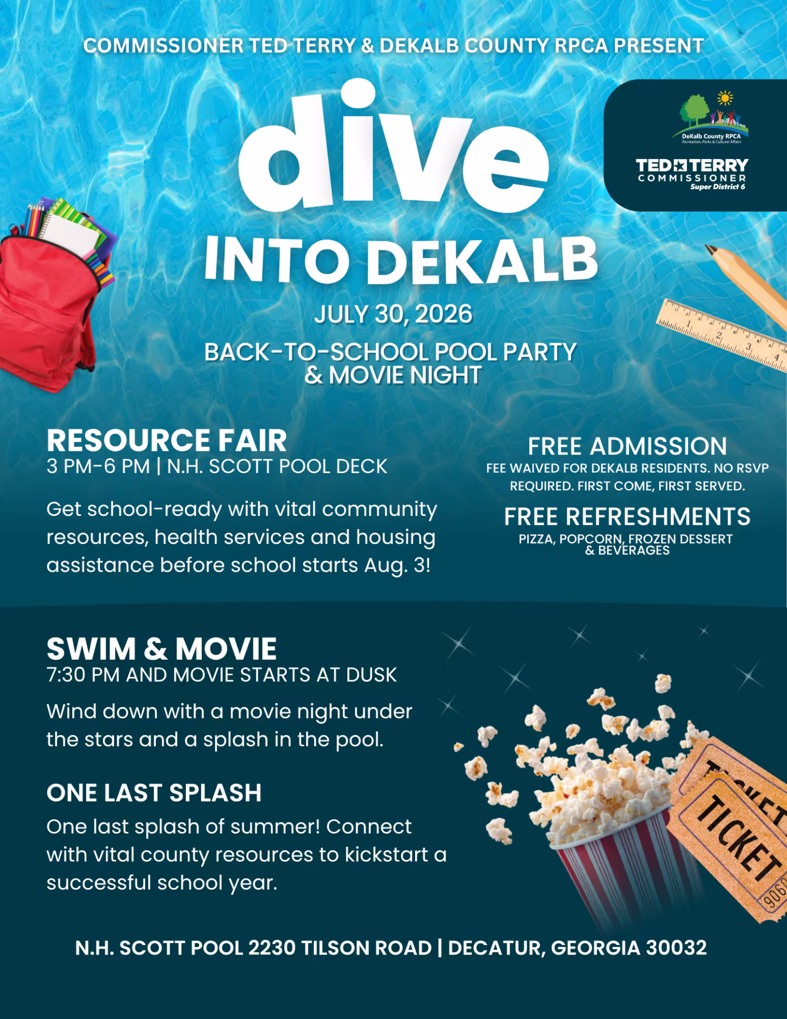 Movies in a pool flyer with date, location and time