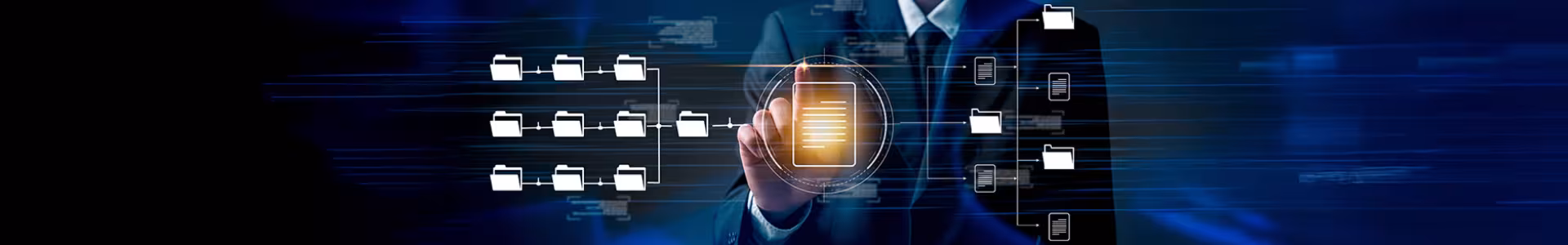 Hi-tech style image of connected white file icons leading to a larger gold document icon with a person in a suit and tie touching the gold document icon with their finger.