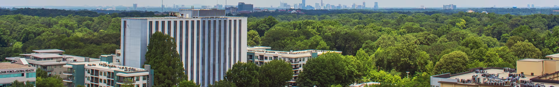 Landscape photo that includes a tall DeKalb County business building and other smaller buildings with a large green forest behind it.
