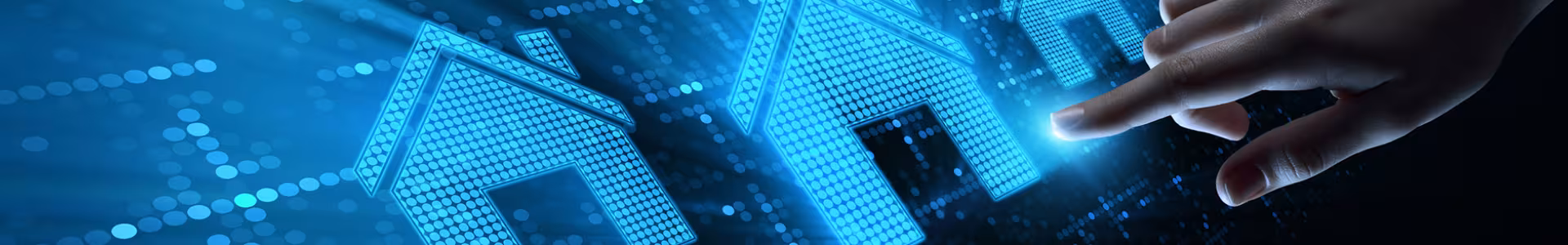 Blue translucent, hi-tech style icons of three homes and a hand touching the one in the center.