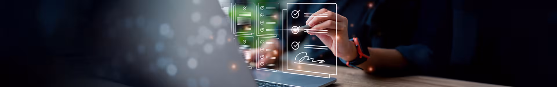 Person with a red and black watch using a stylist to interact with a futuristic see-through form with circles check by various tasks.