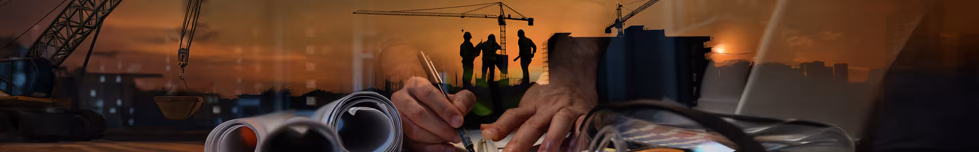 Hands drafting blueprints in the foreground with cranes and construction workers silhouetted against a DeKalb County sunset in the background.