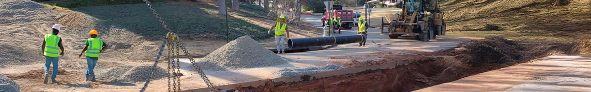 Construction workers in H-Viz vests walking around a construction site. There is large construction vehicles and a deep channel dug out. Two workers are carrying a large black pipe toward the opening, past a pile of grey gravel.