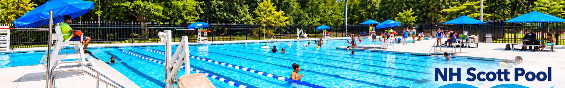 Outdoor swimming pool with lap lanes, swimmers, lifeguards, blue umbrellas, and surrounding trees at NH Scott Pool.